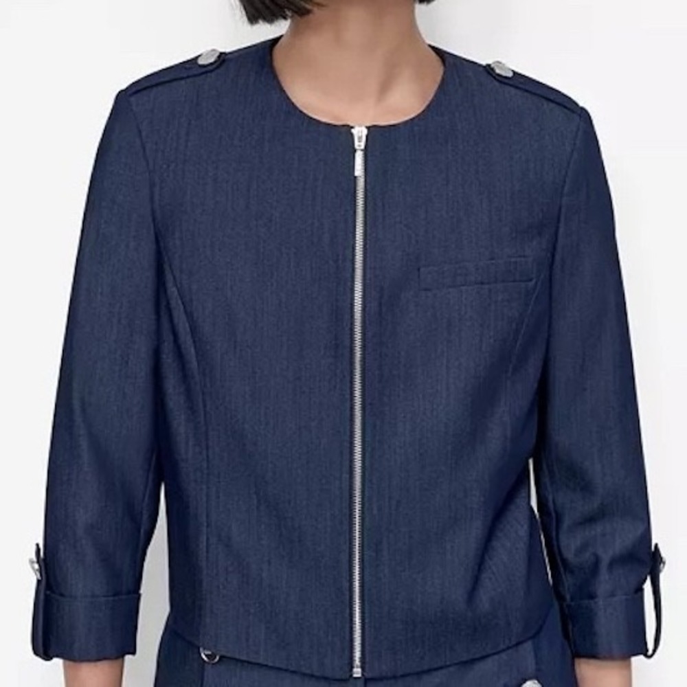 DKNY Roll Tab Sleeve Zip Front Jacket Navy Button Crewneck Womens Size 10 NWT